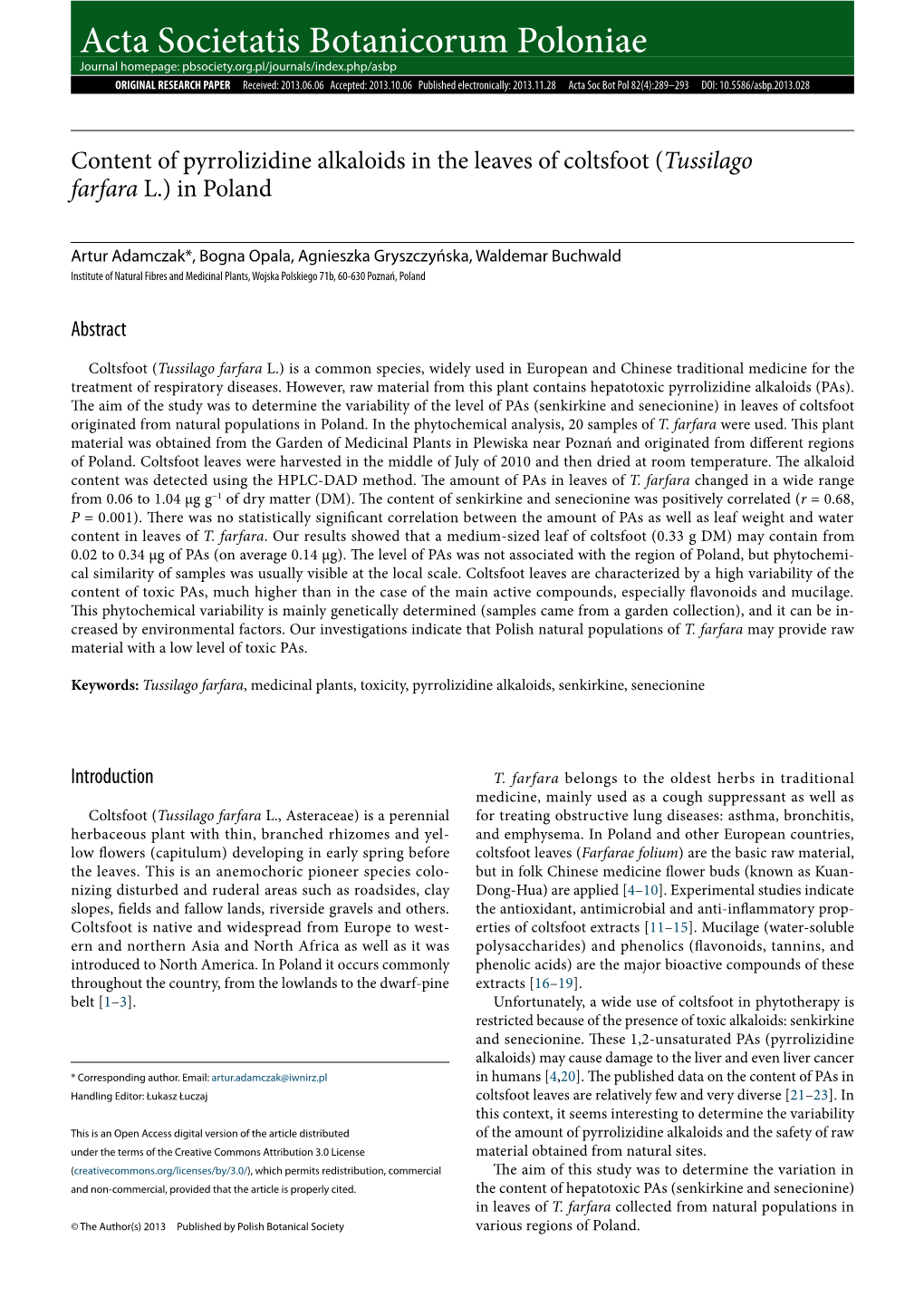 Content of Pyrrolizidine Alkaloids in the Leaves of Coltsfoot (Tussilago Farfara L.) in Poland