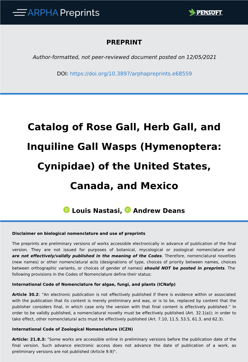 Catalog of Rose Gall, Herb Gall, and Inquiline Gall Wasps (Hymenoptera: Cynipidae) of the United States, Canada, and Mexico
