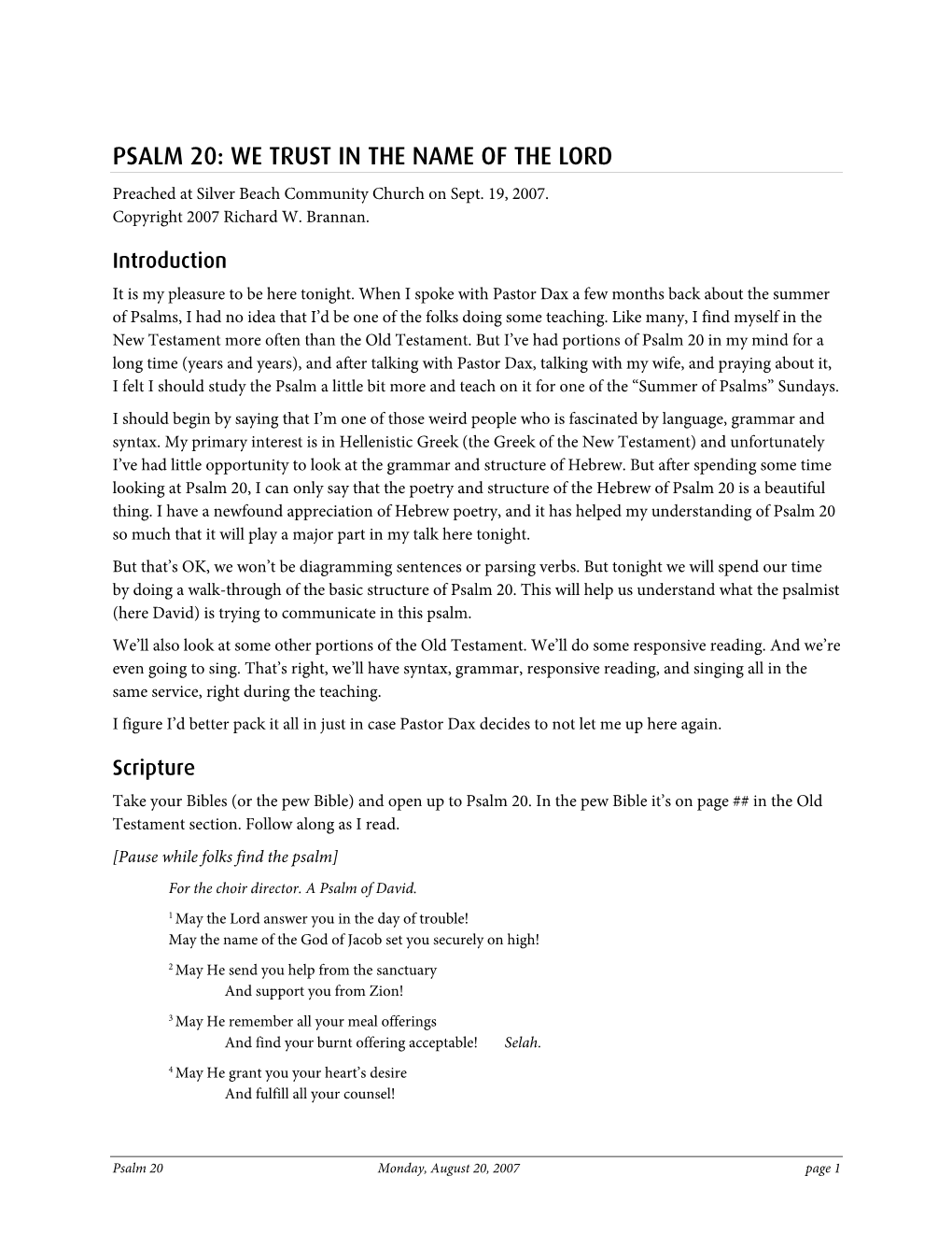 PSALM 20: WE TRUST in the NAME of the LORD Preached at Silver Beach Community Church on Sept