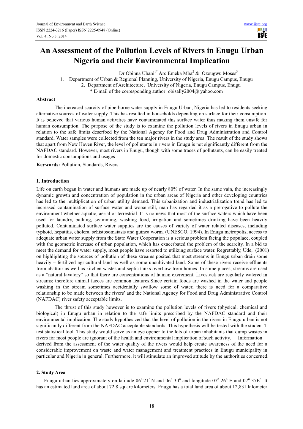 An Assessment of the Pollution Levels of Rivers in Enugu Urban Nigeria and Their Environmental Implication