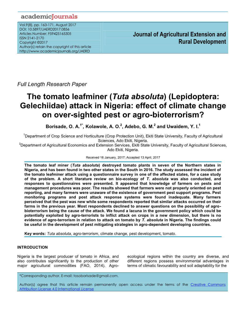 Tuta Absoluta) (Lepidoptera: Gelechiidae) Attack in Nigeria: Effect of Climate Change on Over-Sighted Pest Or Agro-Bioterrorism?