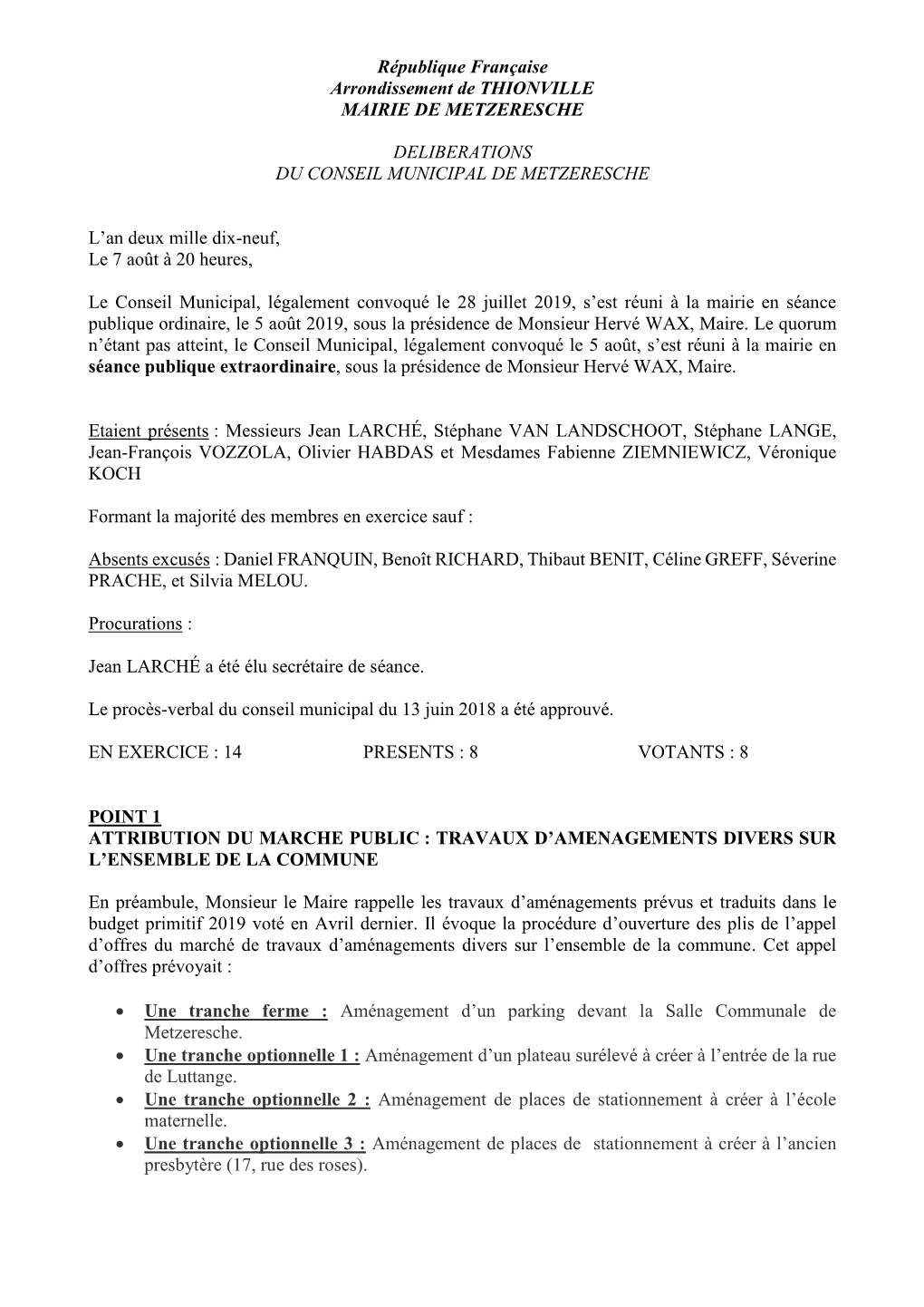 Compte Rendu Du Conseil Municipal Du 7 Août 2019