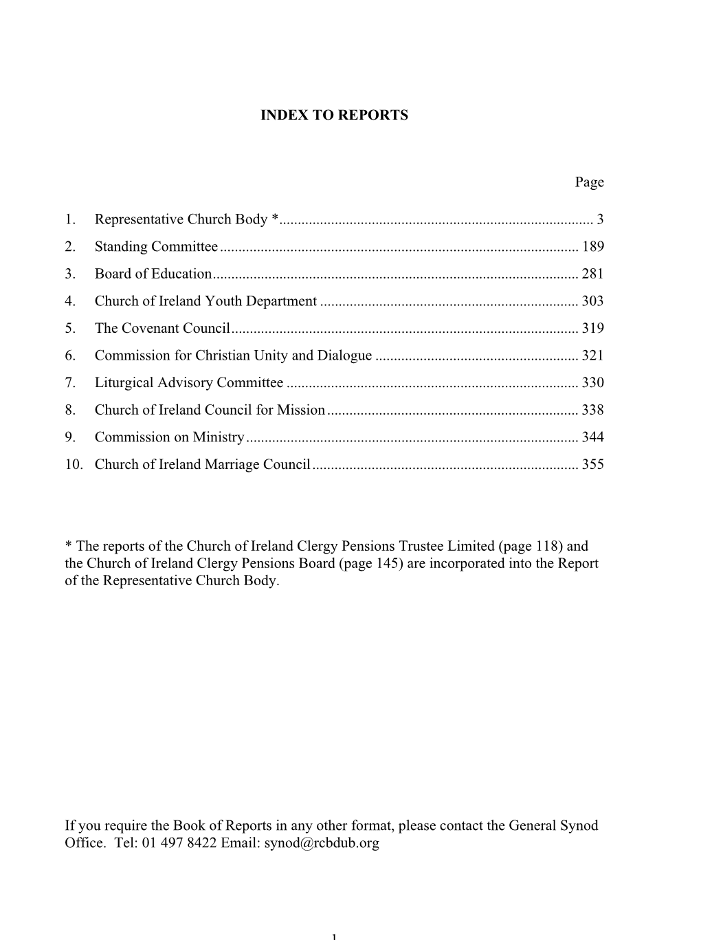 1 INDEX to REPORTS Page 1. Representative Church Body