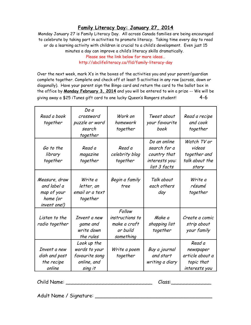 Family Literacy Bingo Card