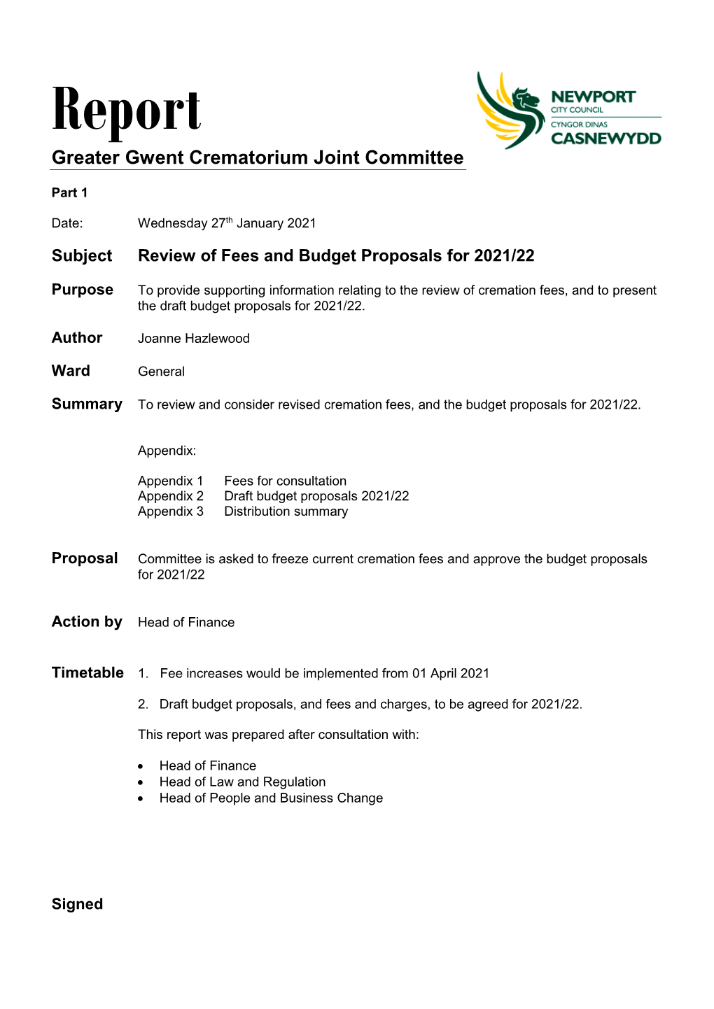 Report Greater Gwent Crematorium Joint Committee