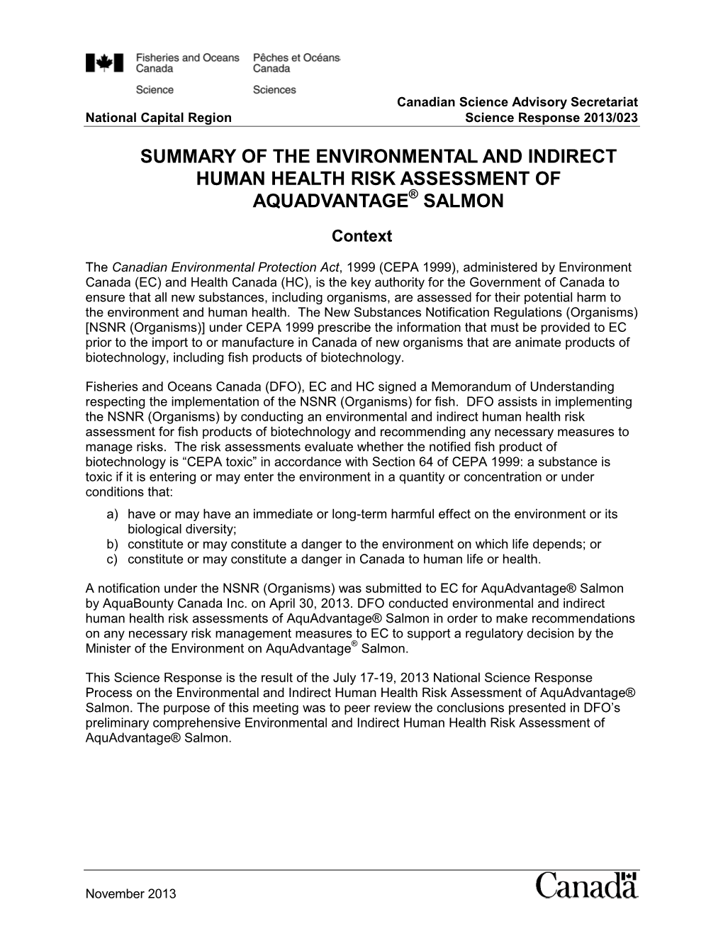 Summary of the Environmental and Indirect Human Health Risk Assessment of Aquadvantage® Salmon