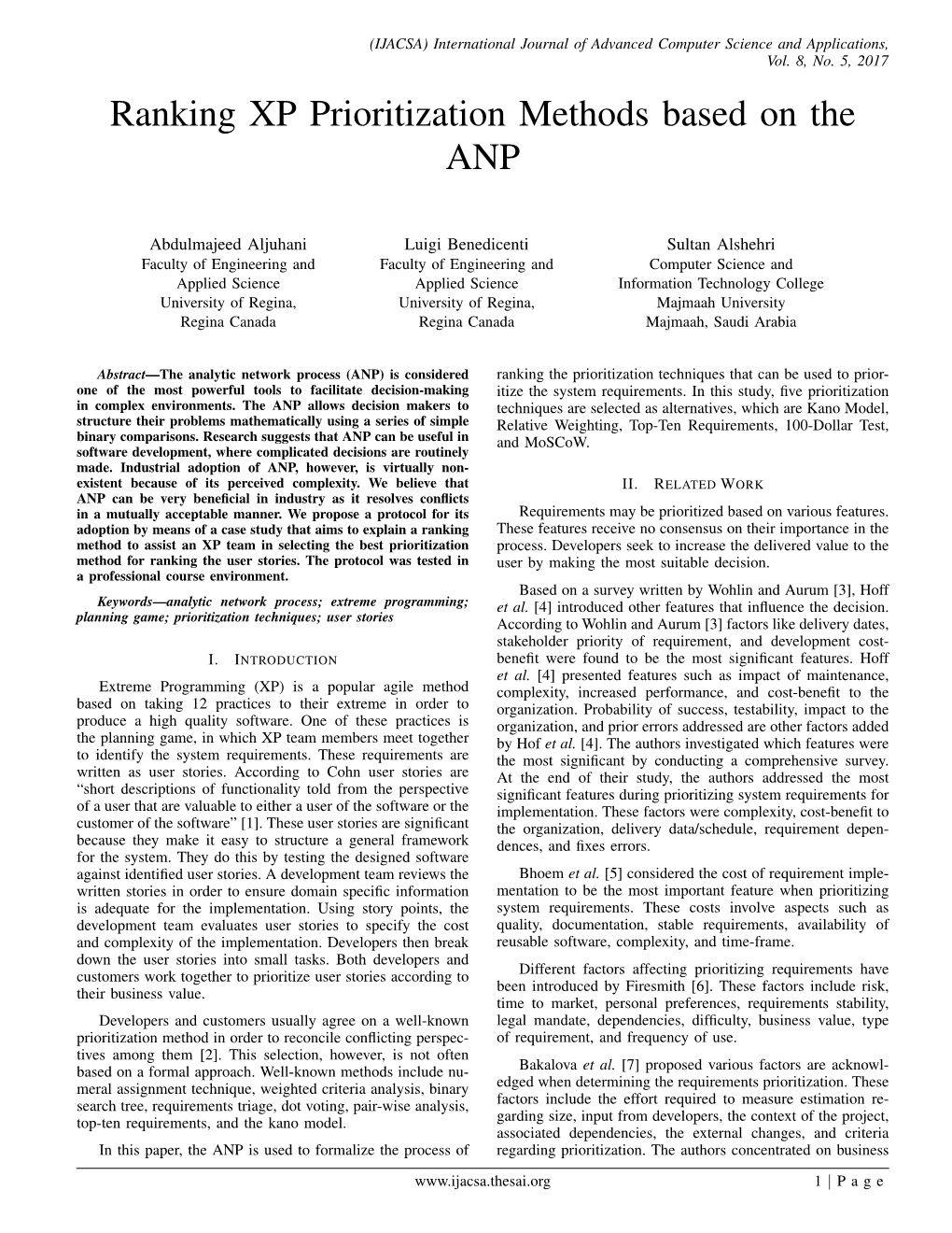 Ranking XP Prioritization Methods Based on the ANP