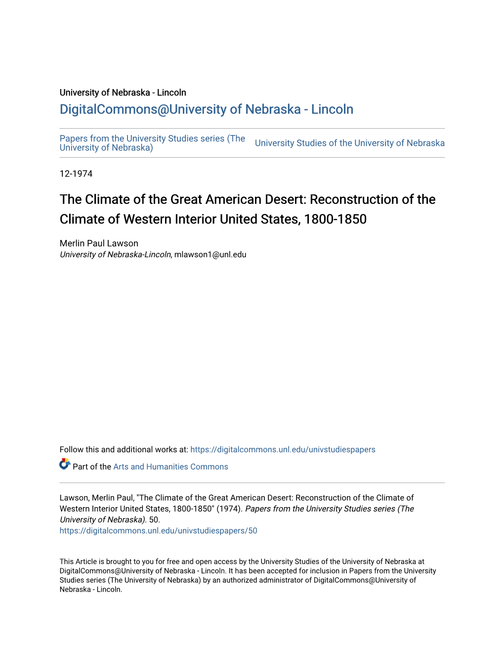The Climate of the Great American Desert: Reconstruction of the Climate of Western Interior United States, 1800-1850