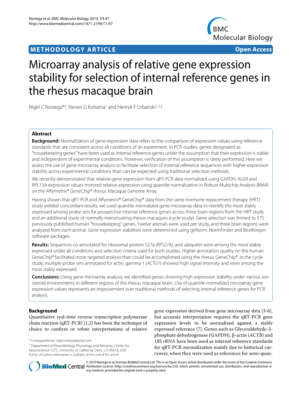 Microarray Analysis of Relative Gene Expression Stability for Selection of Internal Reference Genes in the Rhesus Macaque Brain