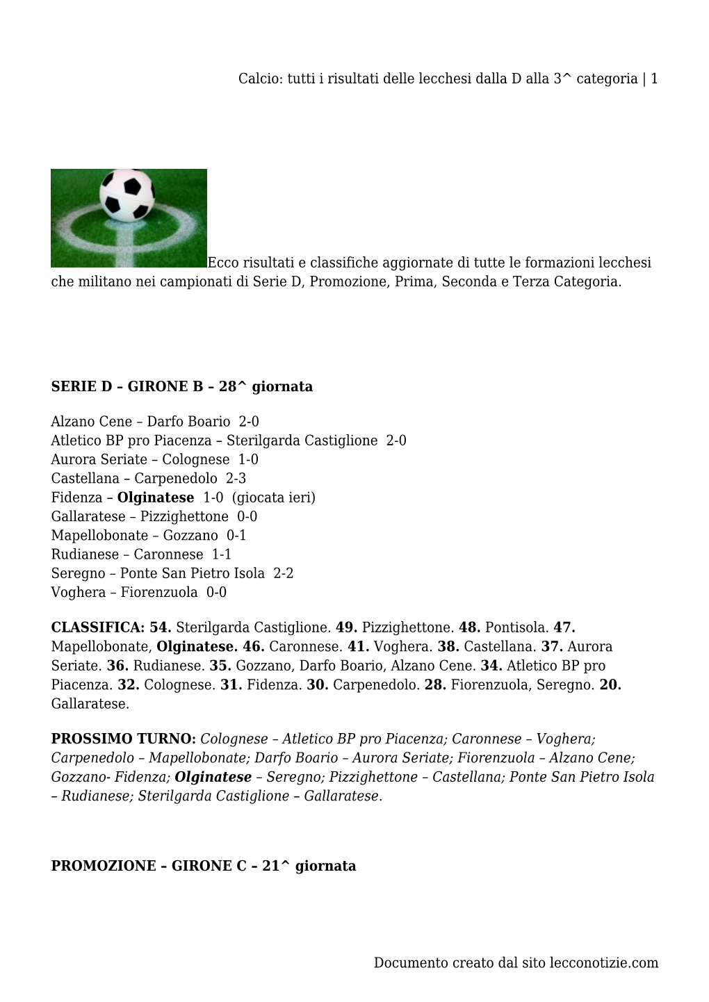 Calcio: Tutti I Risultati Delle Lecchesi Dalla D Alla 3^ Categoria | 1