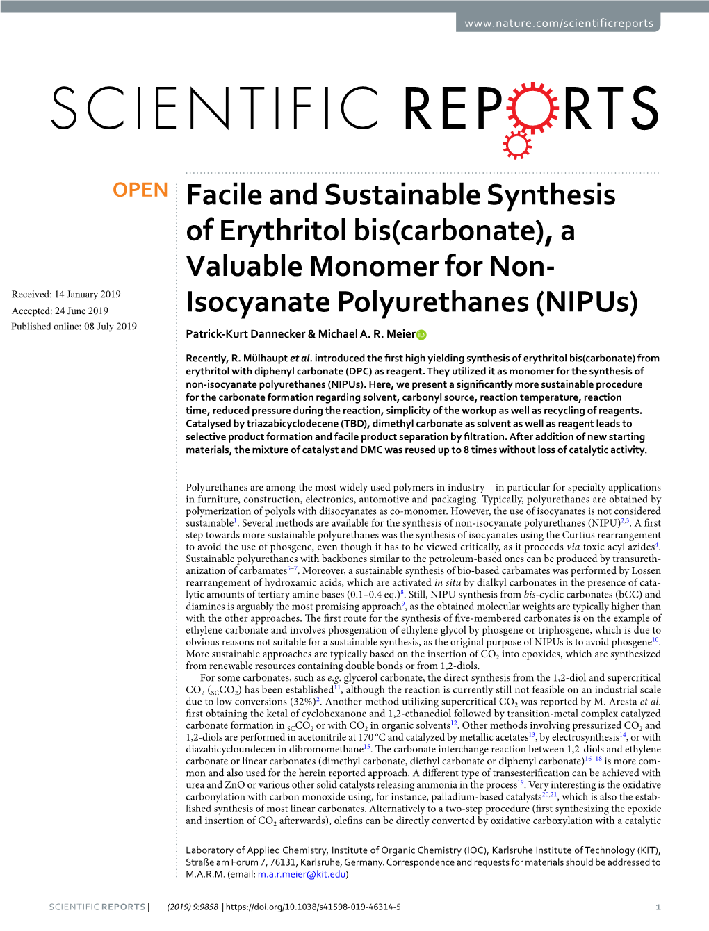 Facile and Sustainable Synthesis of Erythritol Bis(Carbonate)