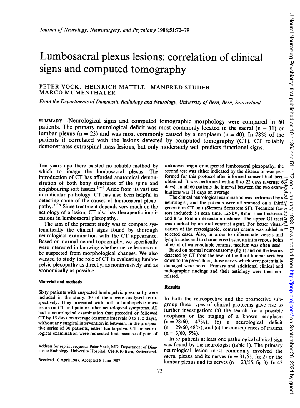 Lumbosacral Plexus Lesions: Correlation of Clinical Signs and Computed Tomography