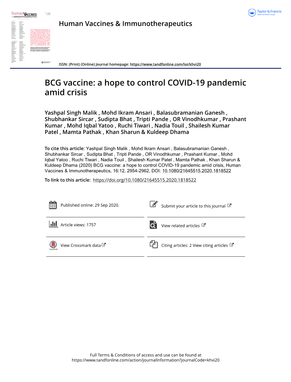 BCG Vaccine: a Hope to Control COVID-19 Pandemic Amid Crisis