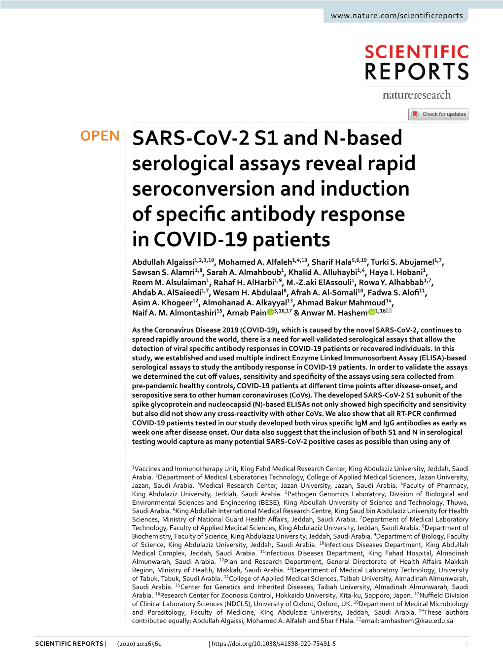 SARS-Cov-2 S1 and N-Based Serological Assays Reveal Rapid Seroconversion and Induction of Specific Antibody Response in COVID-19