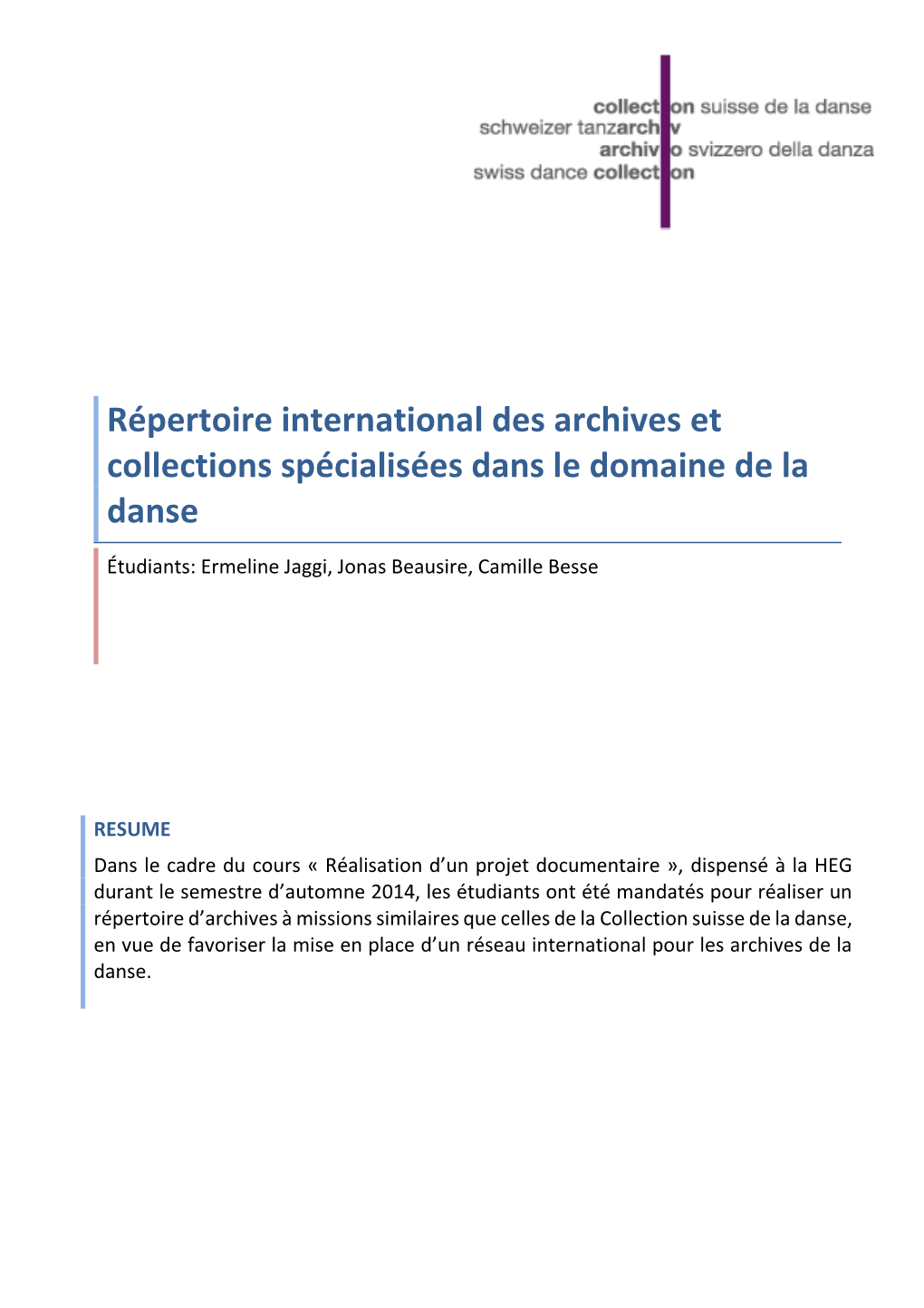 Répertoire International Des Archives Et Collections Spécialisées Dans Le Domaine De La Danse