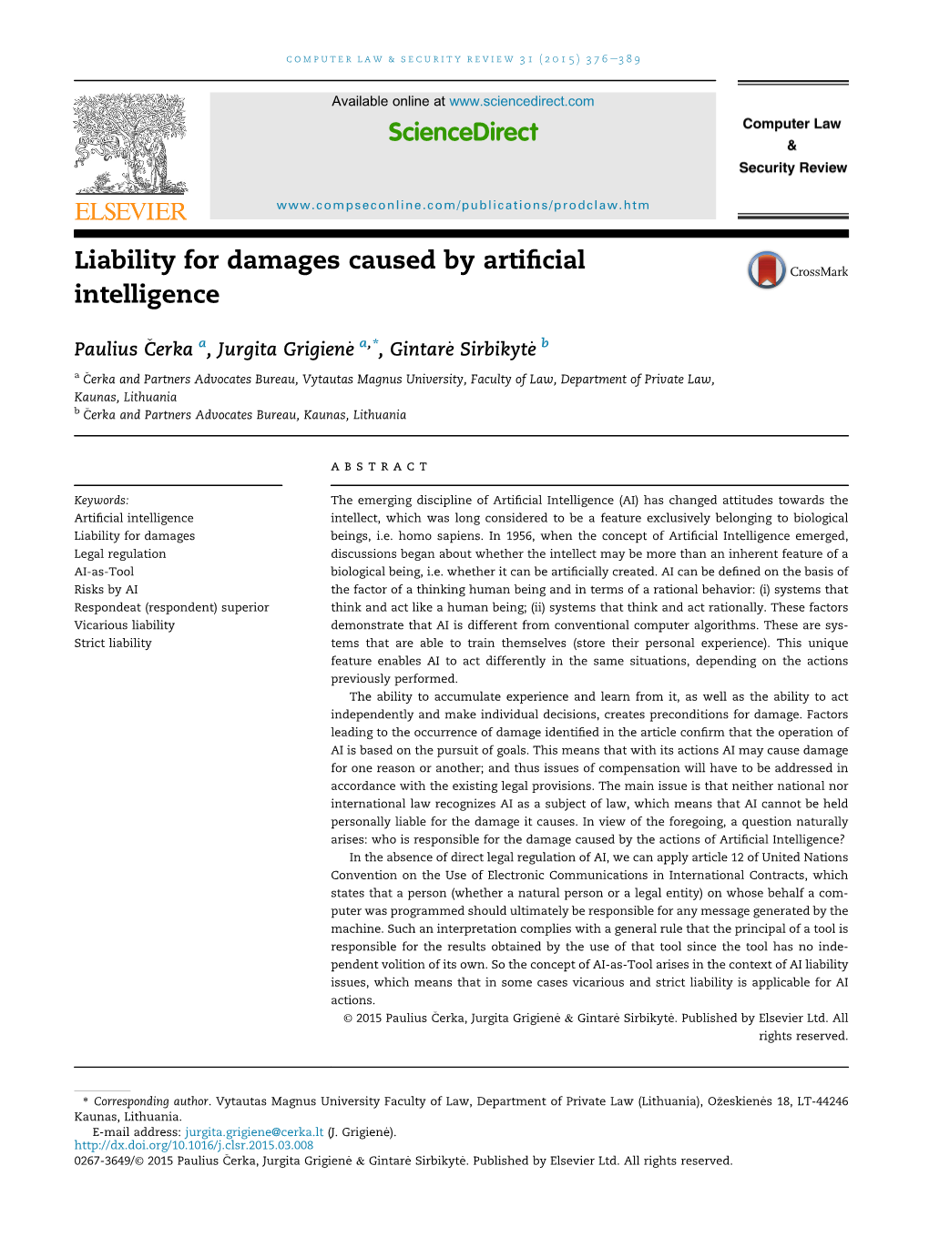 Liability for Damages Caused by Artificial Intelligence