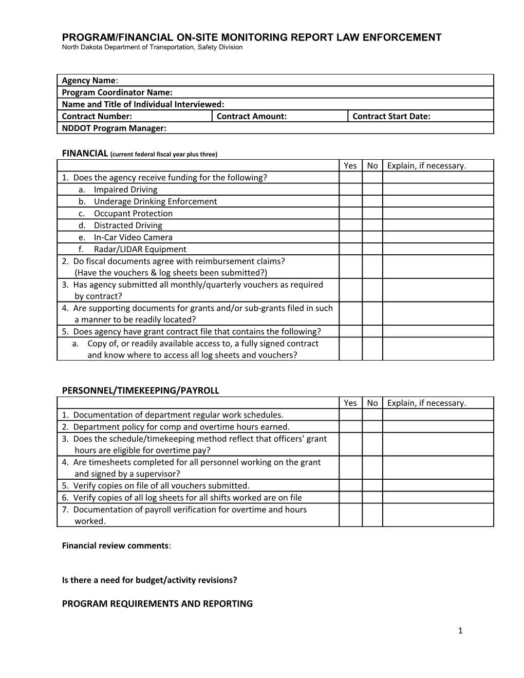 Program and Financial On-Site Monitoring Report