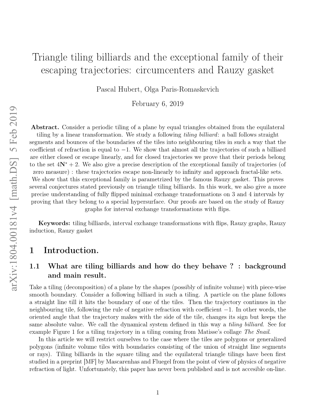 Triangle Tiling Billiards and the Exceptional Family of Their Escaping Trajectories: Circumcenters and Rauzy Gasket Arxiv:1804.0