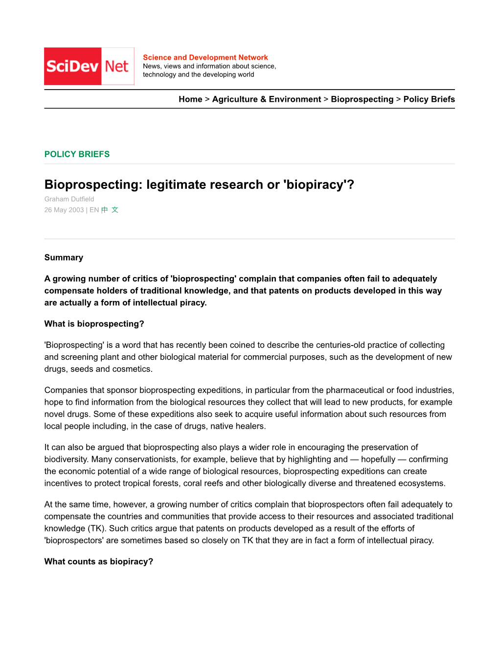 Bioprospecting Legitimate Research Or 'Biopiracy'?