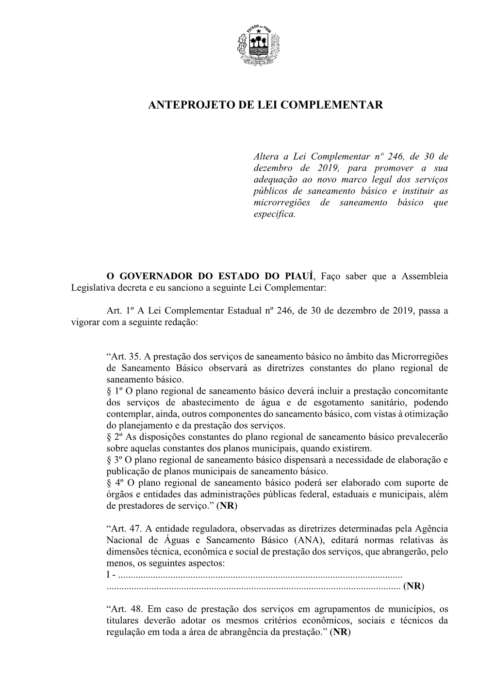 Anteprojeto Lei Complementar Microrregiões De Saneamento Básico