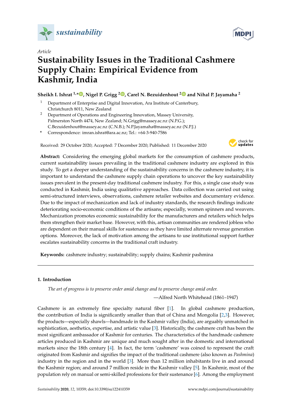 Sustainability Issues in the Traditional Cashmere Supply Chain: Empirical Evidence from Kashmir, India