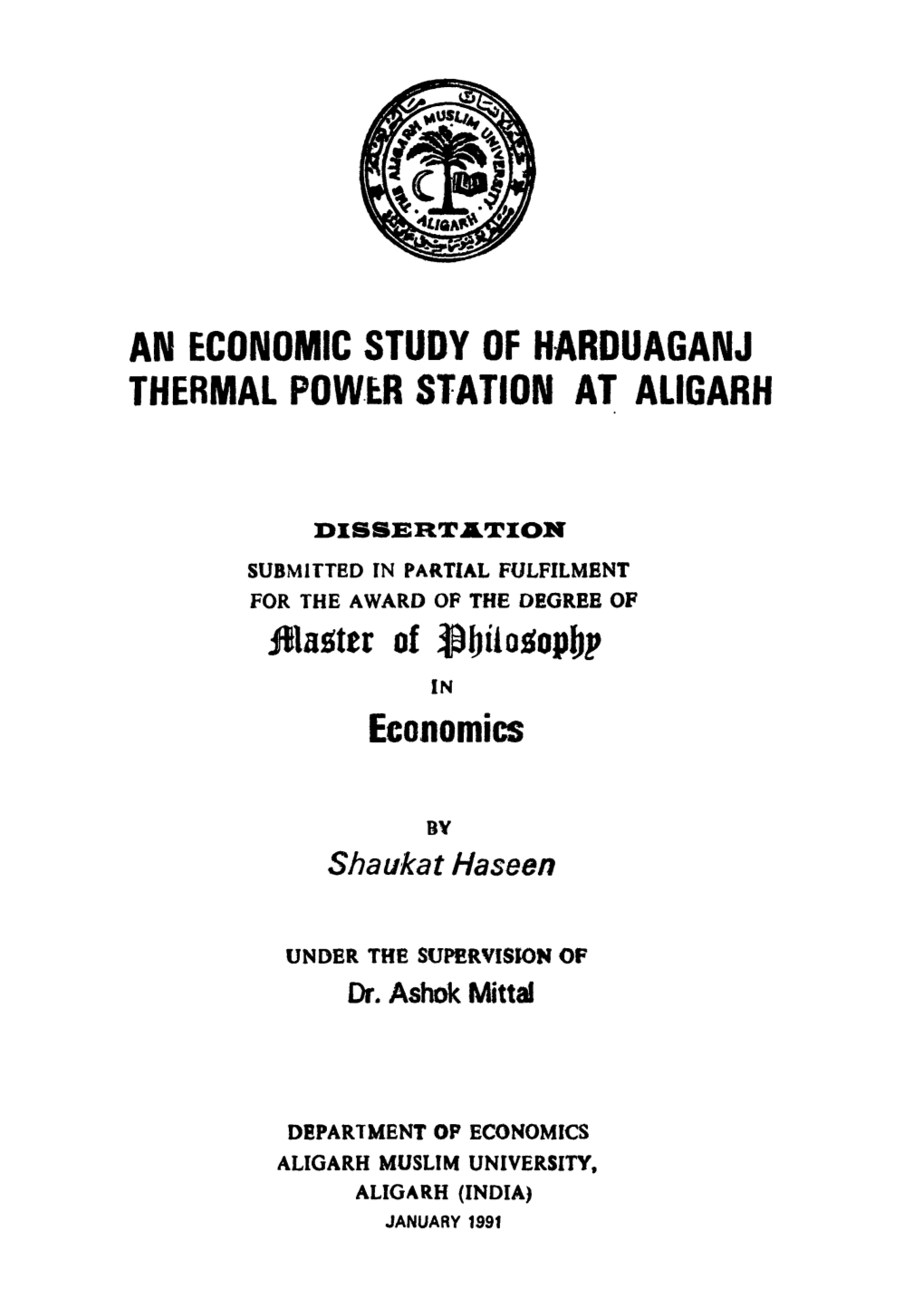 An Economic Study of Harduaganj Thermal Power Station at Augarh