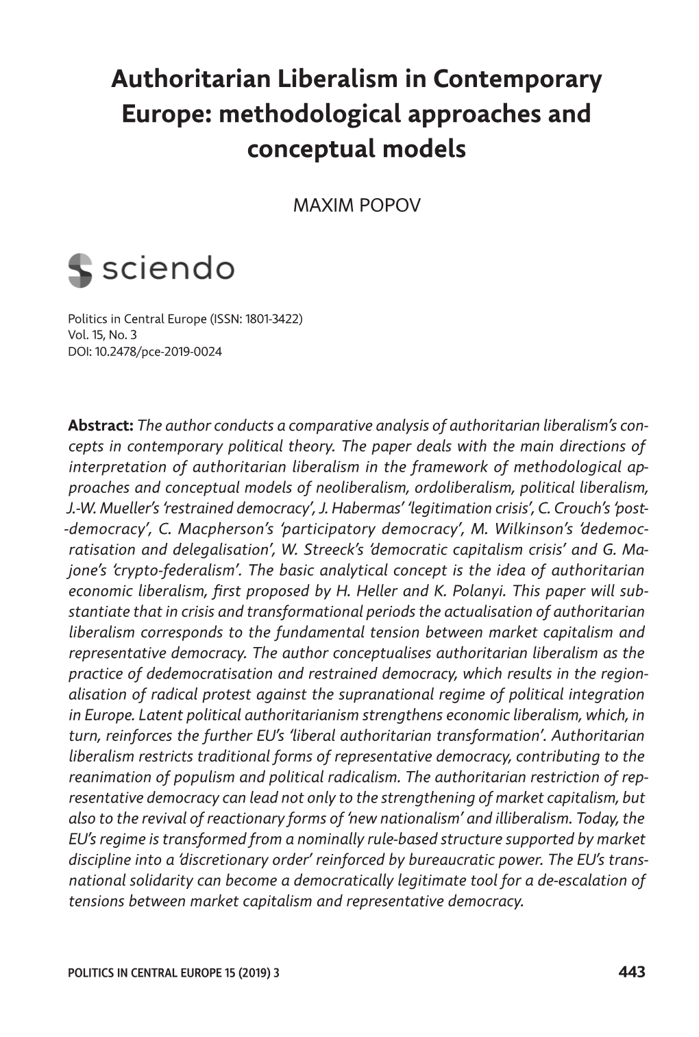 Authoritarian Liberalism in Contemporary Europe: Methodological Approaches and Conceptual Models