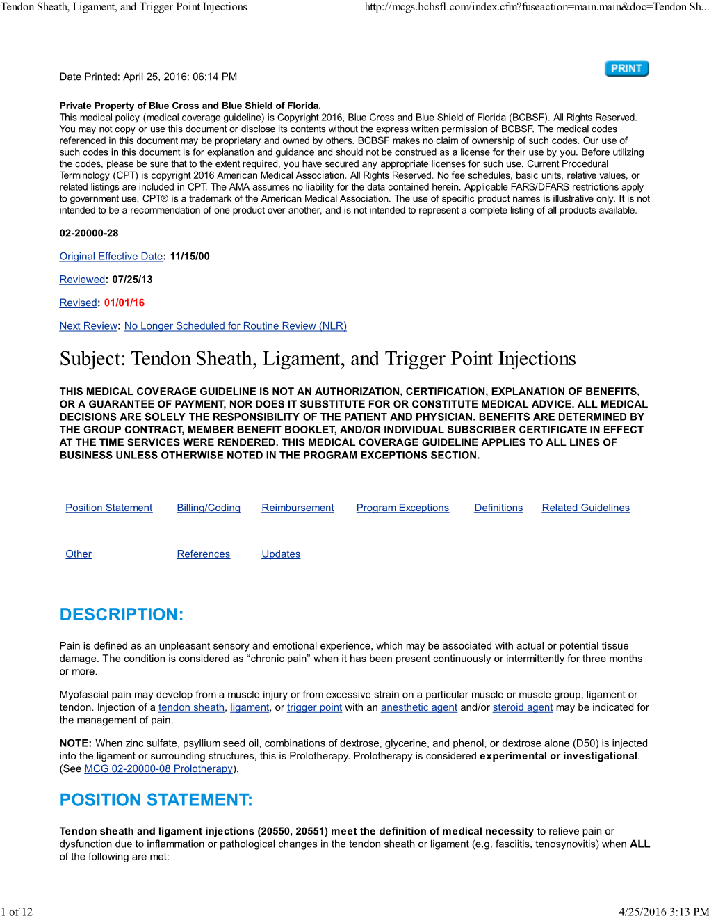 Tendon Sheath, Ligament, and Trigger Point Injections Sh