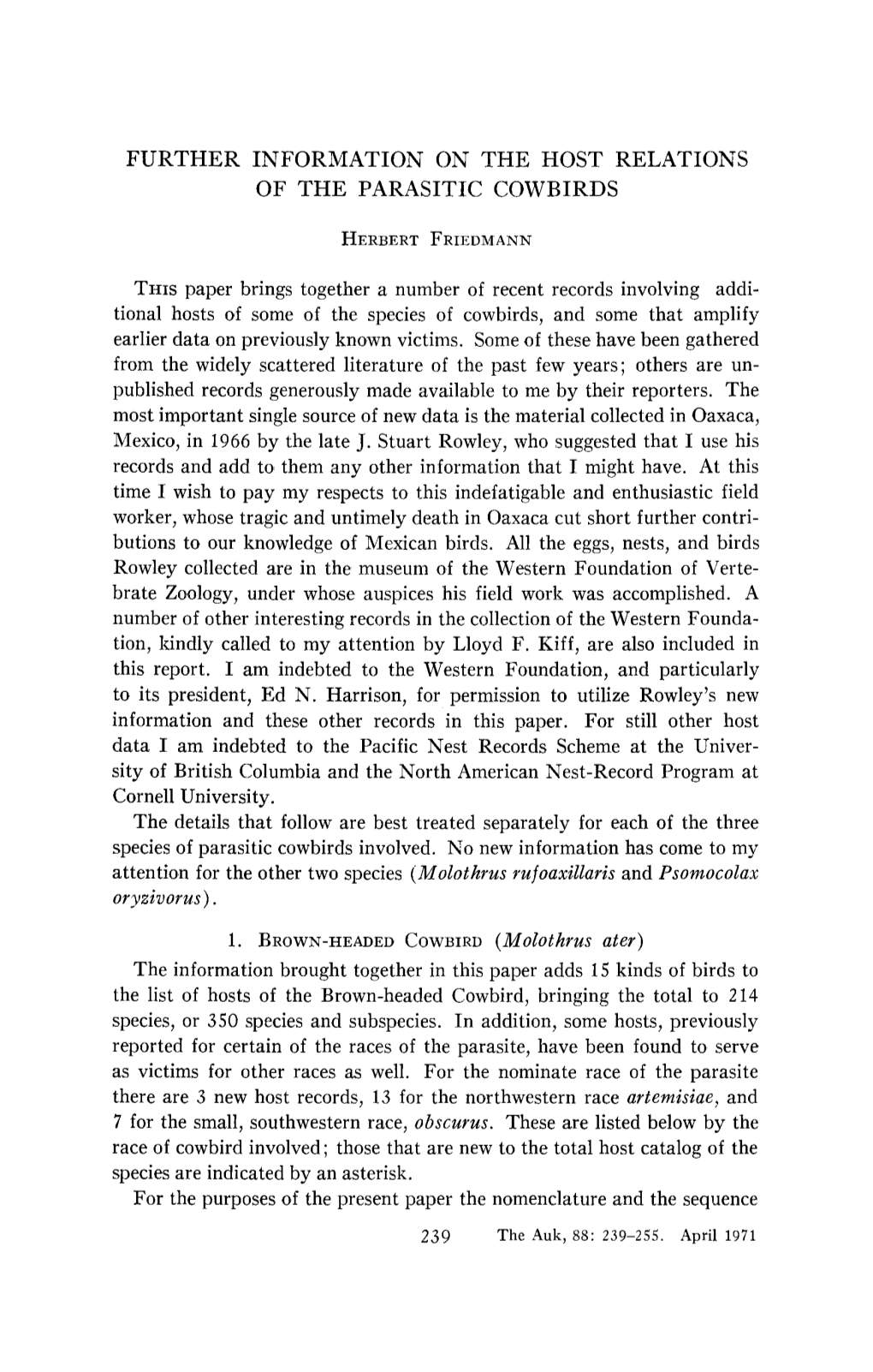 Further Information on the Host Relations of the Parasitic Cowbirds