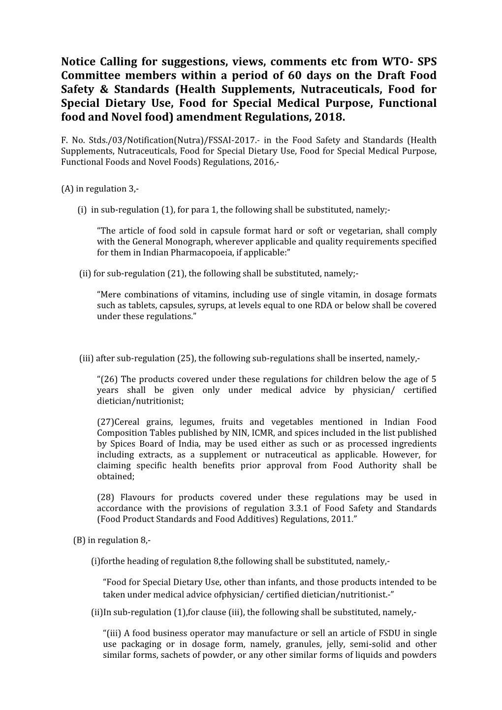 Notice Calling for Suggestions, Views, Comments Etc from WTO- SPS