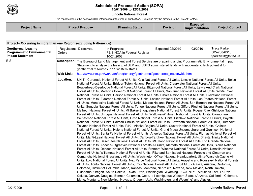 Schedule of Proposed Action (SOPA) 10/01/2009 to 12/31/2009 Lincoln National Forest This Report Contains the Best Available Information at the Time of Publication