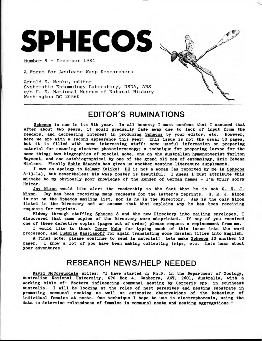 Sphecos: a Forum for Aculeate Wasp Researchers