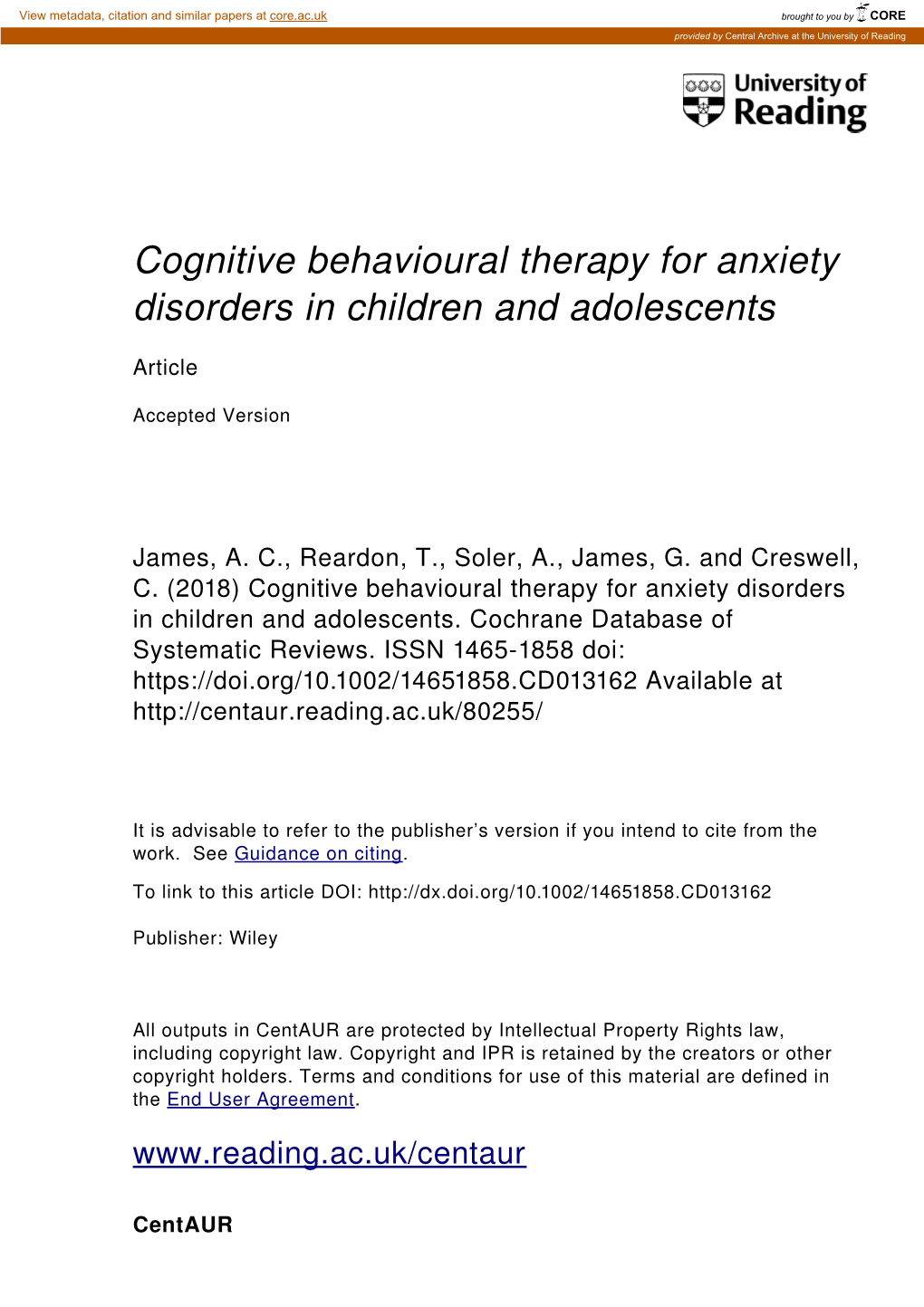 Cognitive Behavioural Therapy for Anxiety Disorders in Children and Adolescents