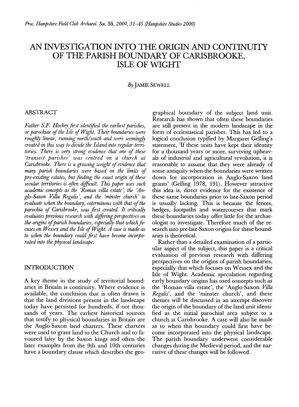 An Investigation Into the Origin and Continuity of the Parish Boundary of Carisbrooke, Isle of Wight