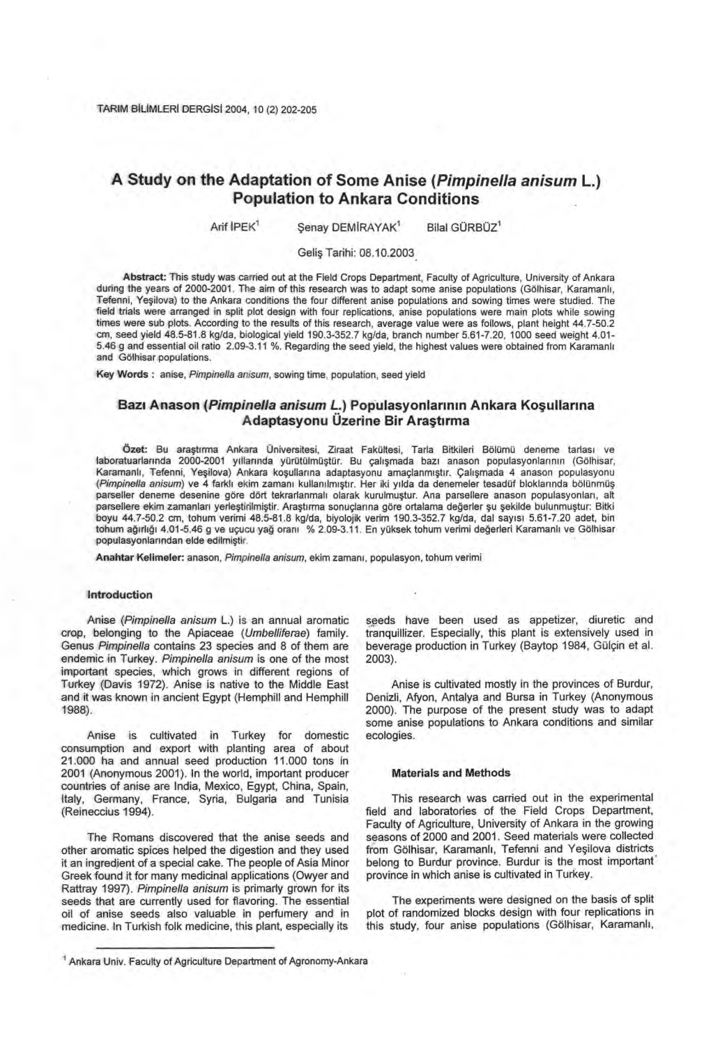 Pimpinella Anisum L.) Population to Ankara Conditions