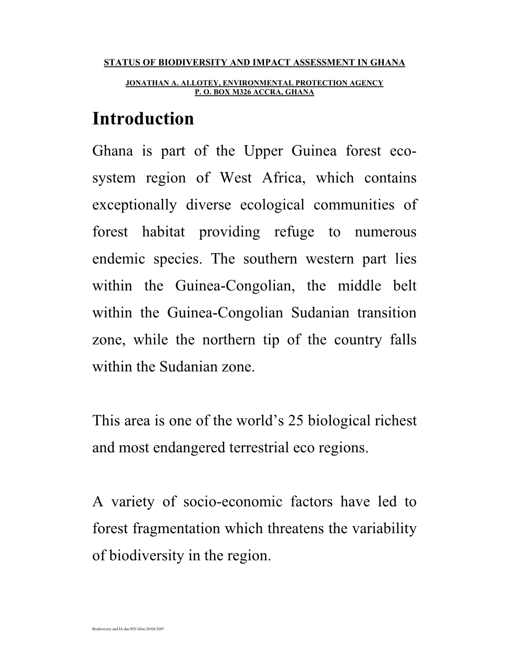 Status of Biodiversity and Impact Assessment in Ghana