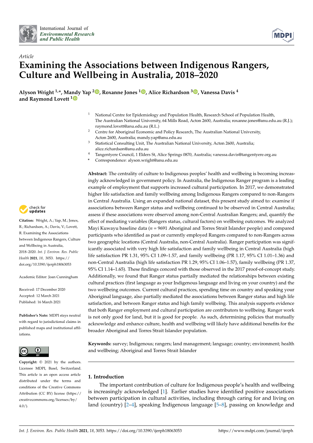 Examining the Associations Between Indigenous Rangers, Culture and Wellbeing in Australia, 2018–2020