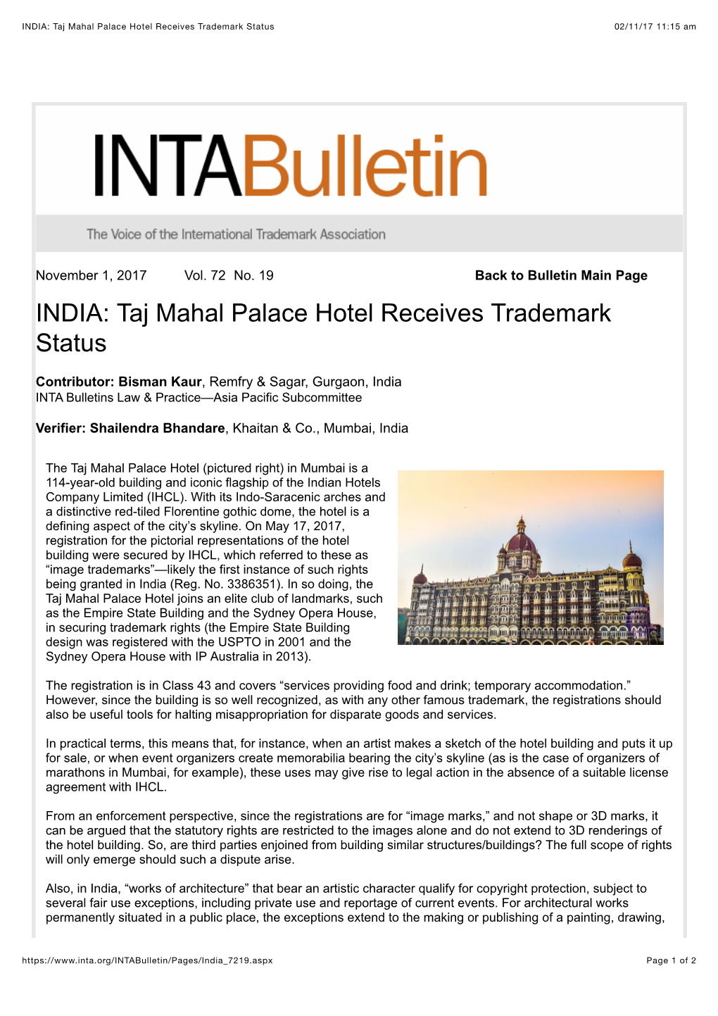Taj Mahal Palace Hotel Receives Trademark Status 02/11/17 11:15 Am