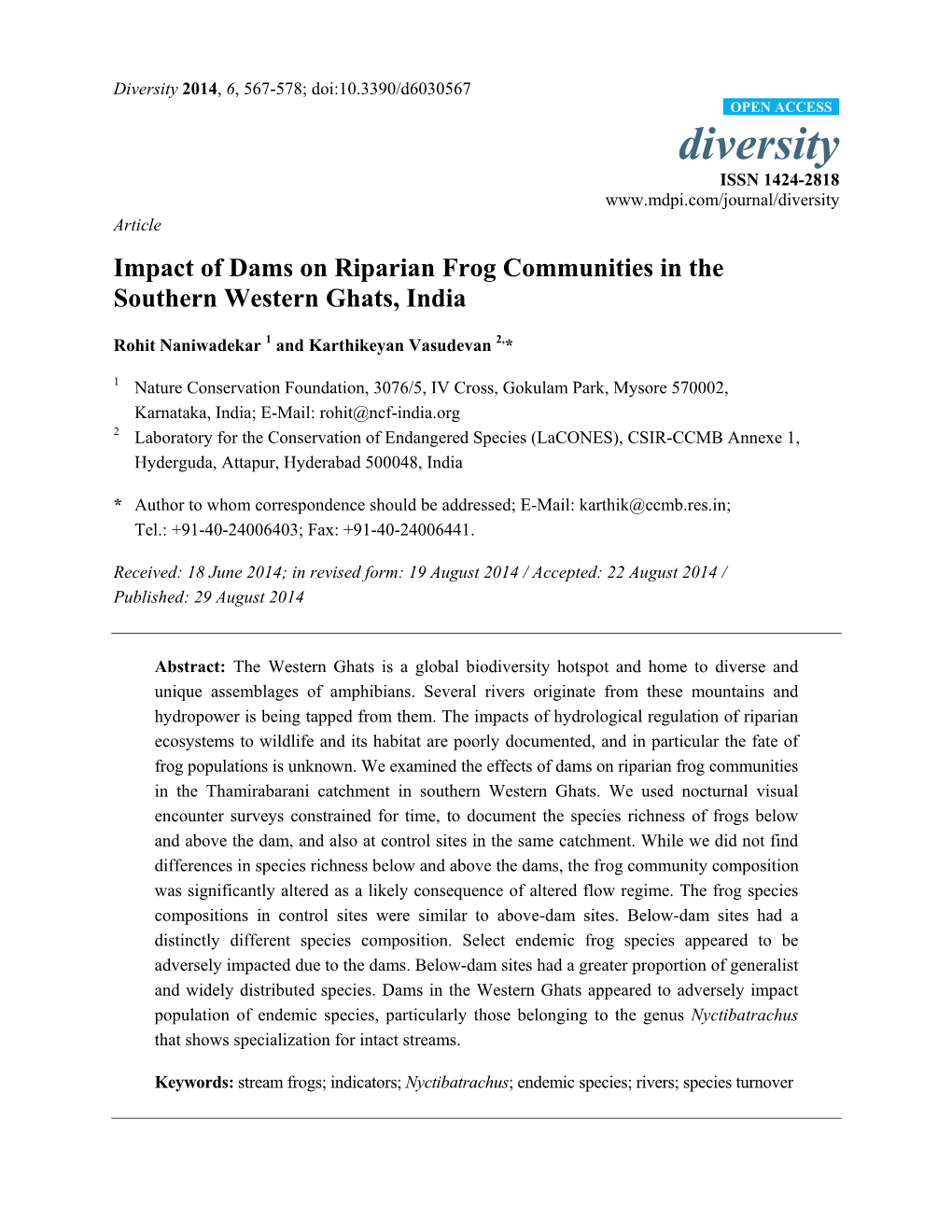 Impact of Dams on Riparian Frog Communities in the Southern Western Ghats, India