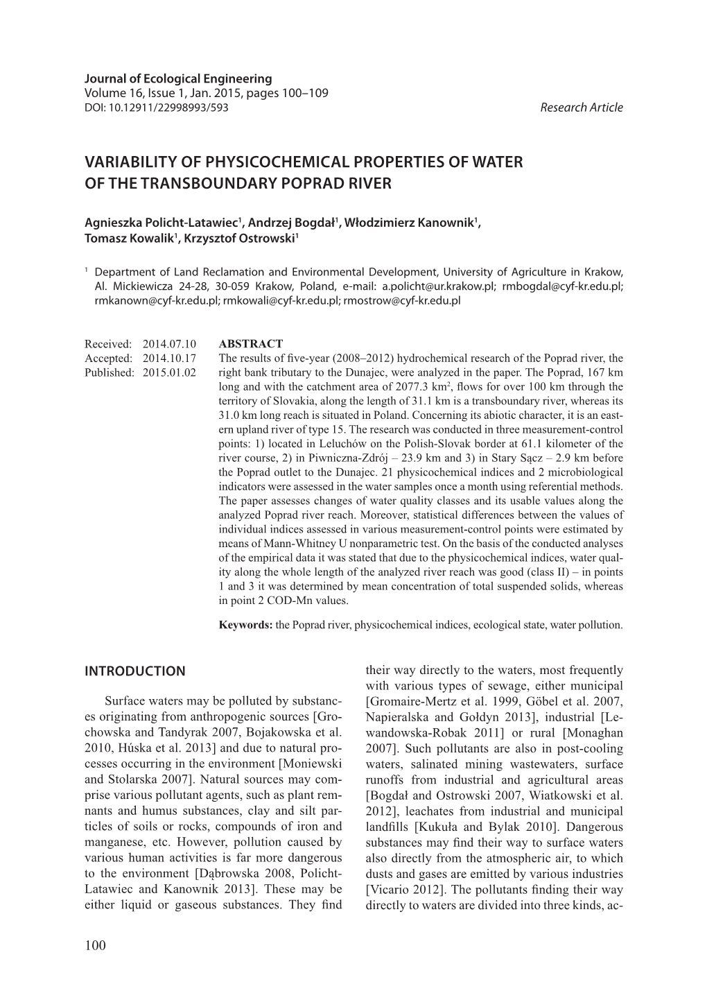 Variability of Physicochemical Properties of Water of the Transboundary Poprad River