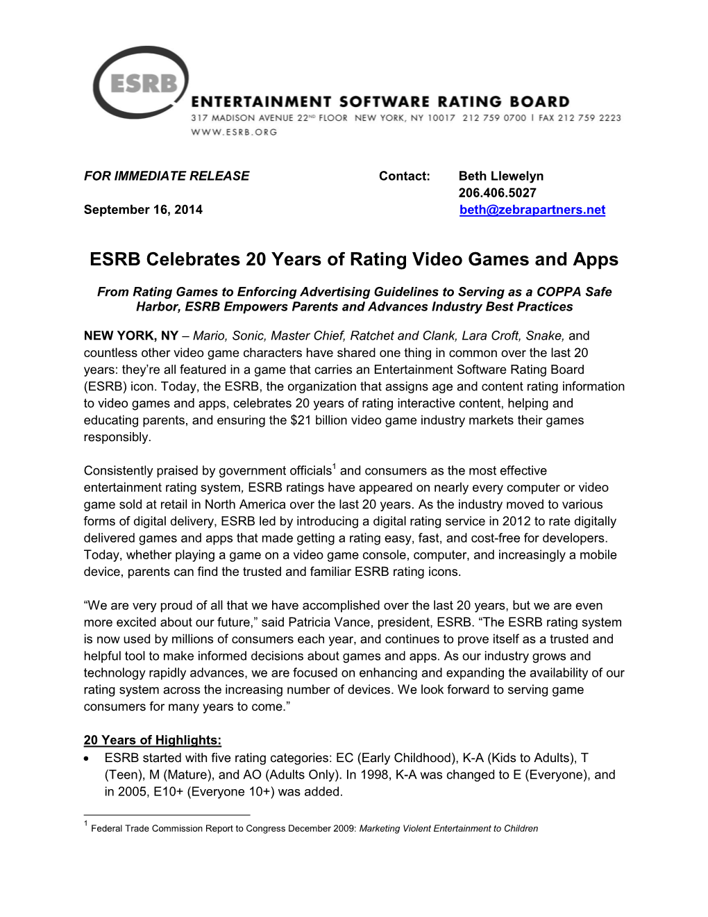 ESRB Celebrates 20 Years of Rating Video Games and Apps