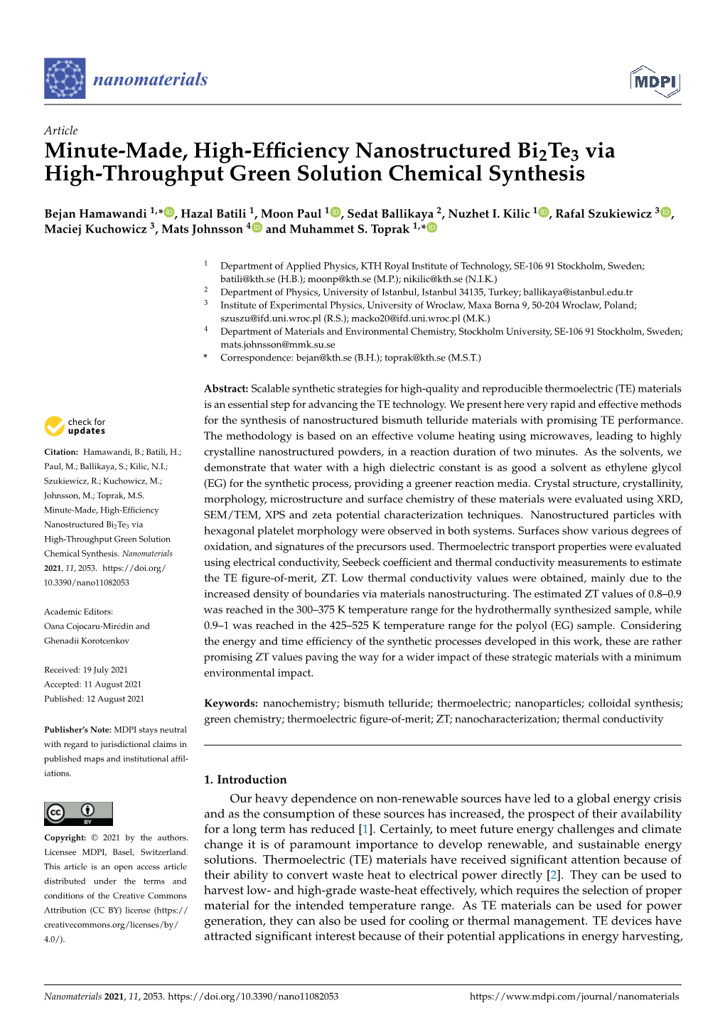 Minute-Made, High-Efficiency Nanostructured Bi2te3 Via High-Throughput Green Solution Chemical Synthesis