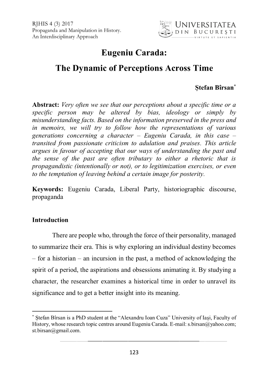 Eugeniu Carada: the Dynamic of Perceptions Across Time