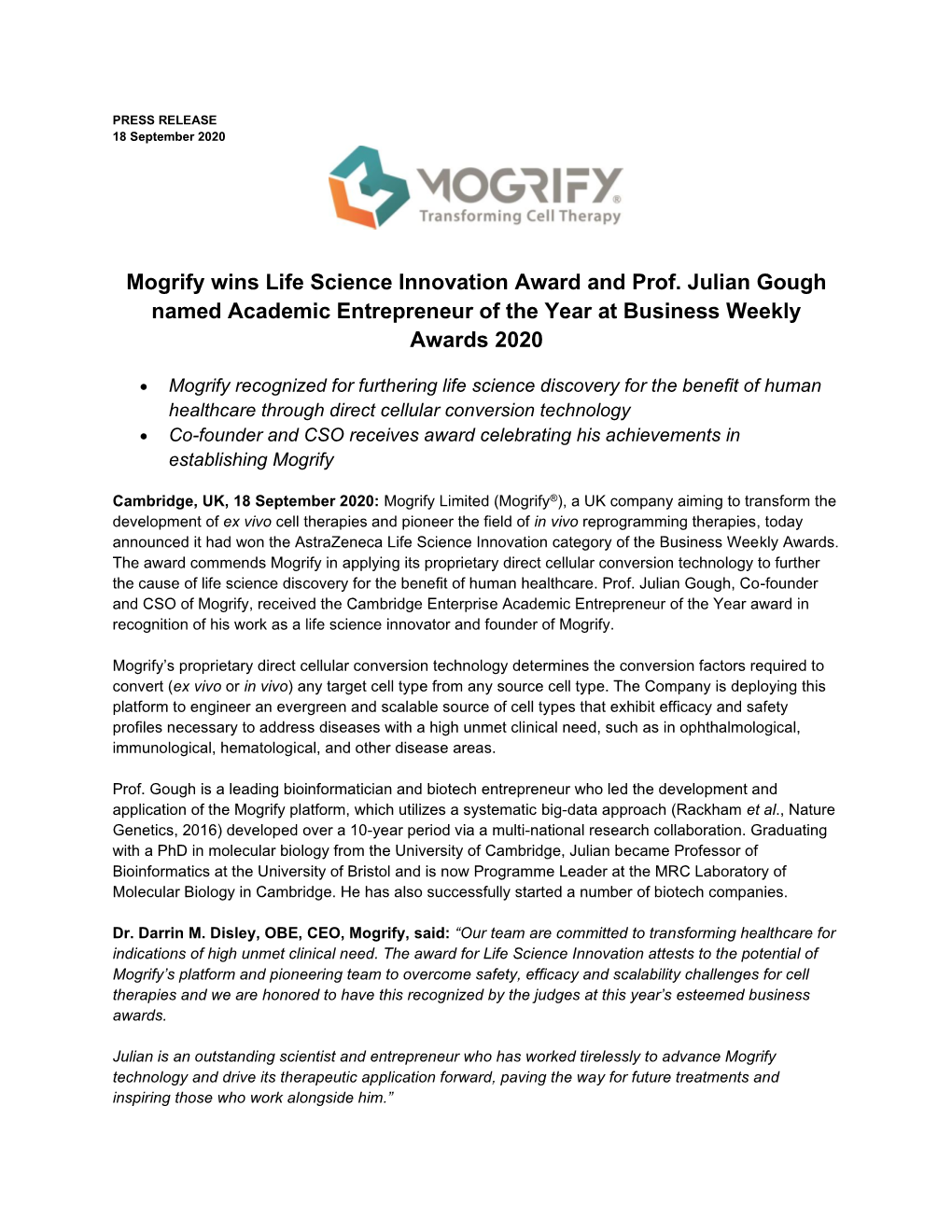 Mogrify Wins Life Science Innovation Award and Prof. Julian Gough Named Academic Entrepreneur of the Year at Business Weekly Awards 2020