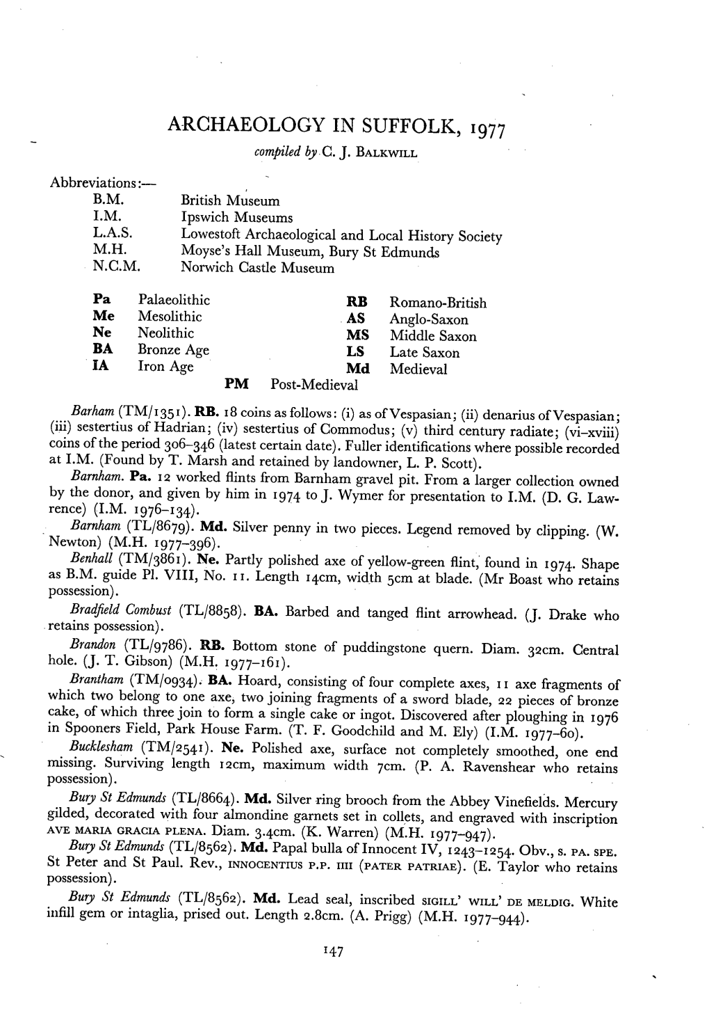 Archaeology in Suffolk, 1977 C. J. Balkwill