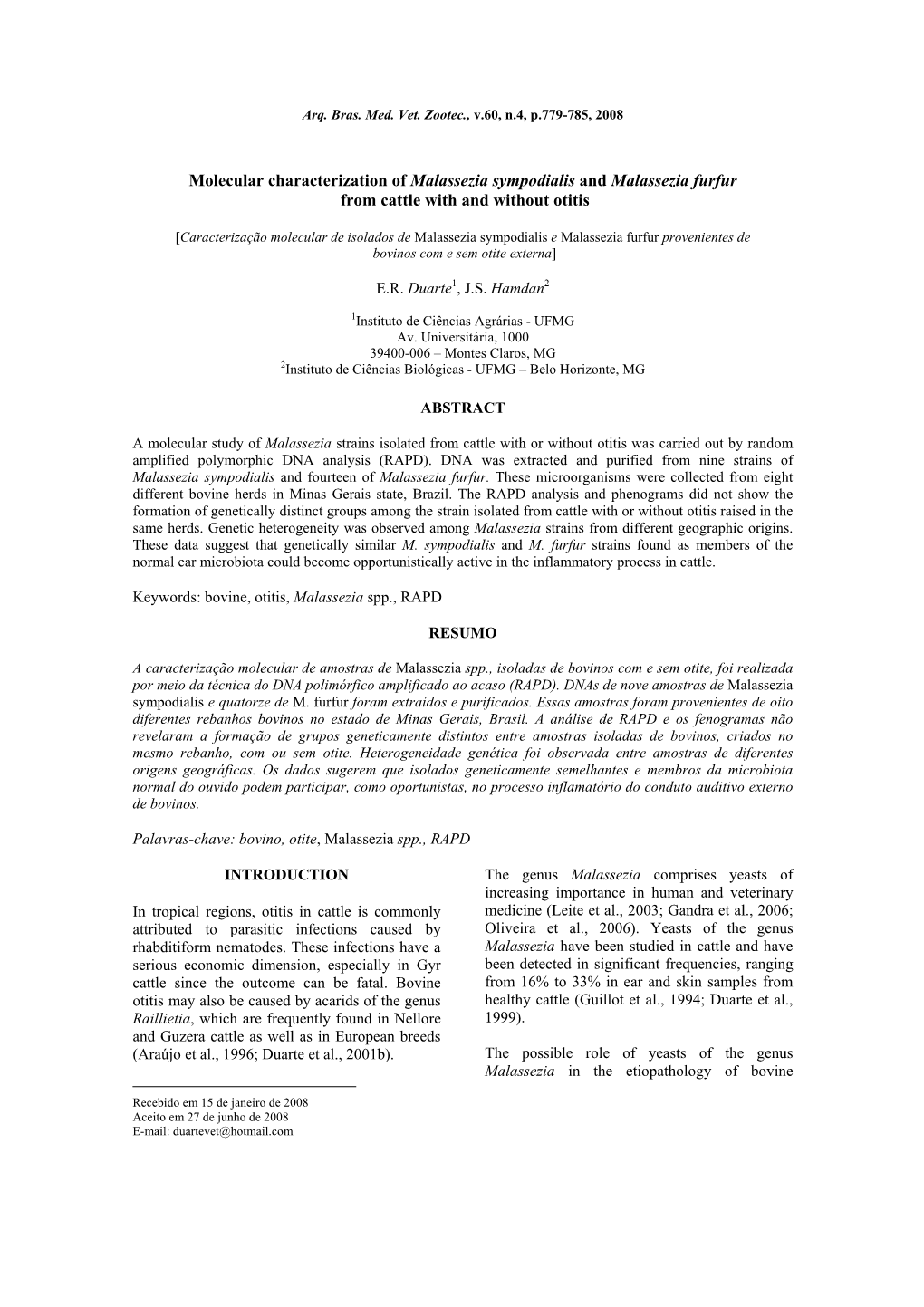 Molecular Characterization of Malassezia Sympodialis and Malassezia Furfur from Cattle with and Without Otitis