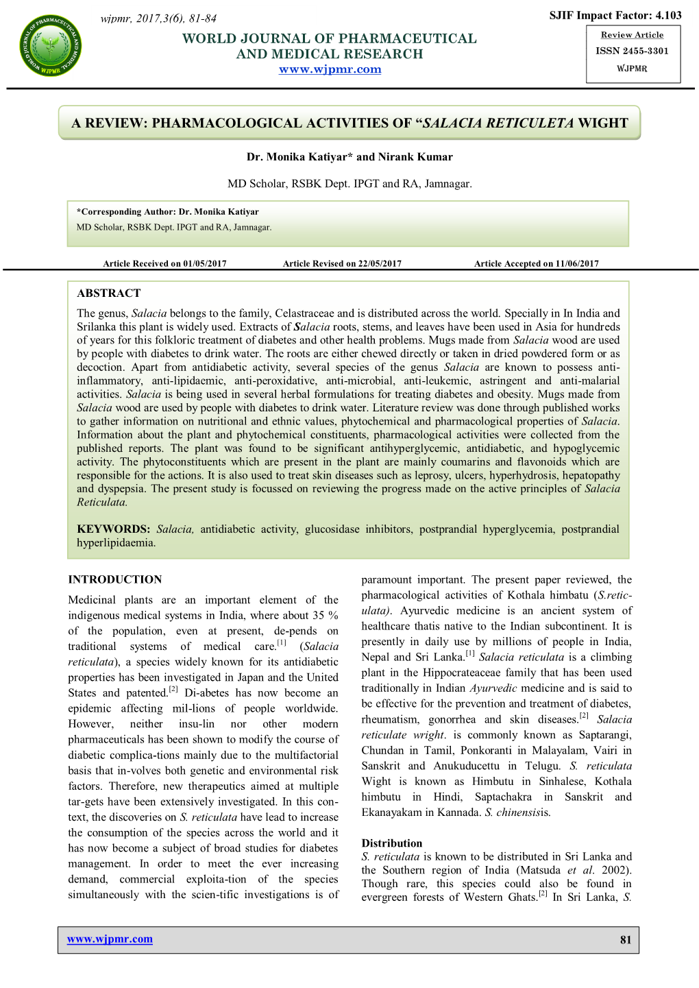 Pharmacological Activities of “Salacia Reticuleta Wight