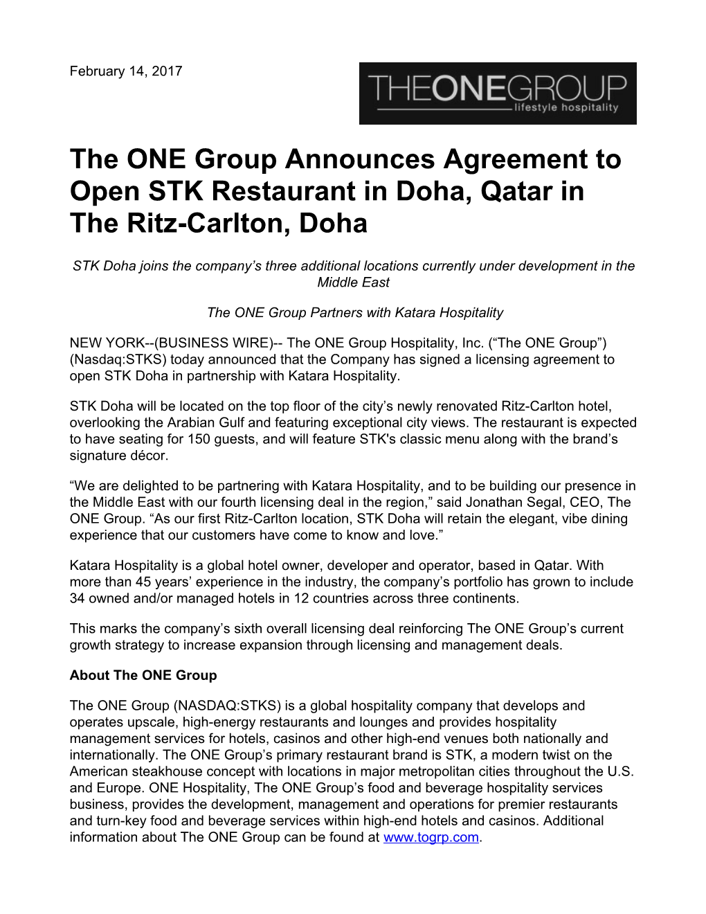 The ONE Group Announces Agreement to Open STK Restaurant in Doha, Qatar in the Ritz-Carlton, Doha