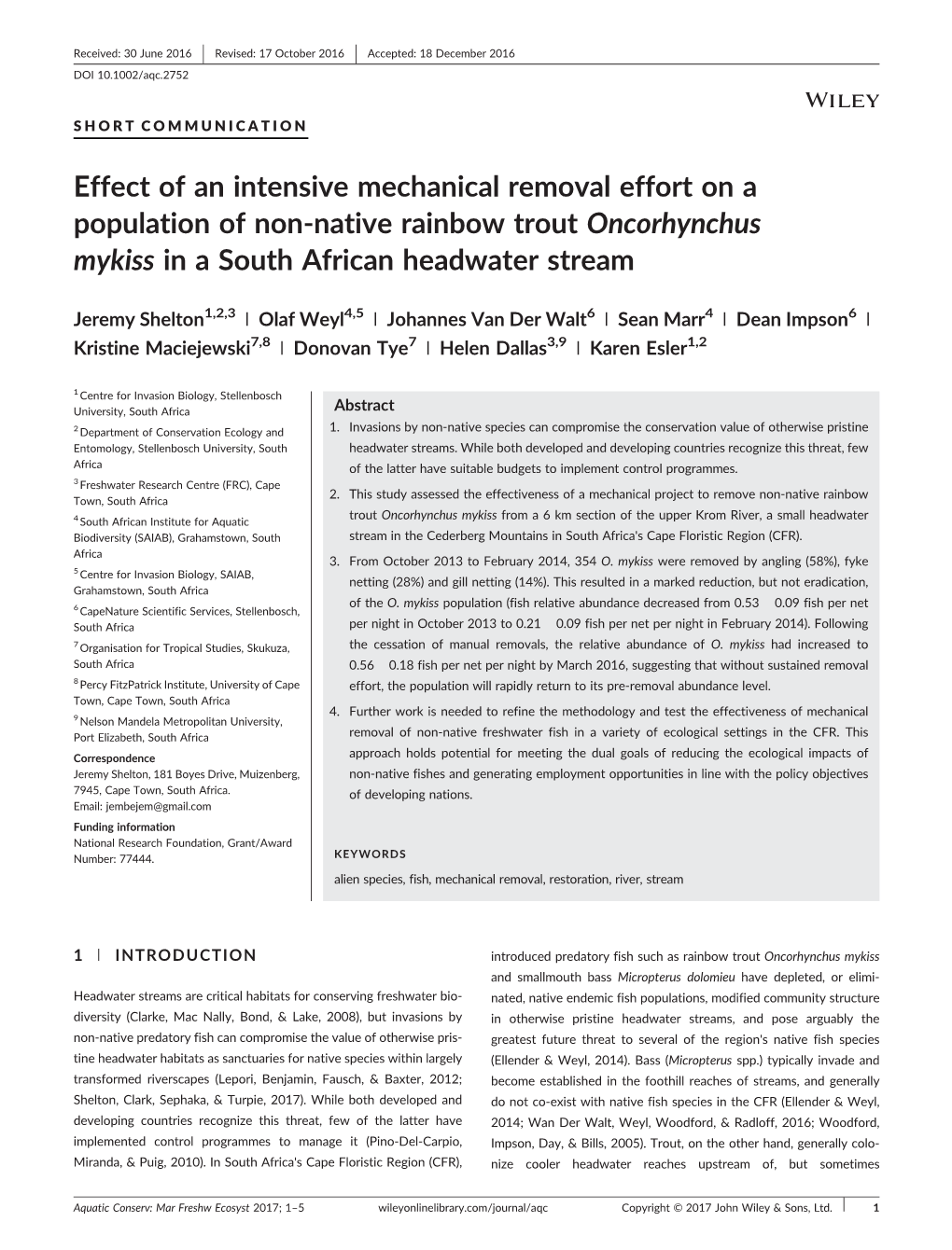 Effect of an Intensive Mechanical Removal Effort on a Population of Non-Native Rainbow Trout Oncorhynchus Mykiss in a South Afri