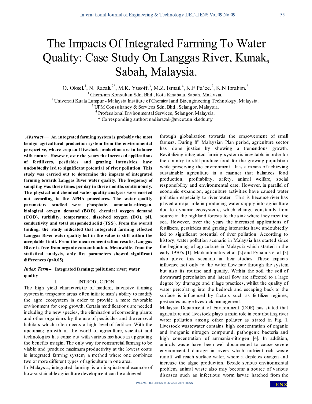 The Impacts of Integrated Farming to Water Quality: Case Study on Langgas River, Kunak, Sabah, Malaysia